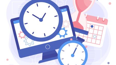 Icons für PC-Bildschirm, Uhr, Sanduhr und Kalender