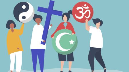 4 gezeichnete Frauen mit Religionssymbolen