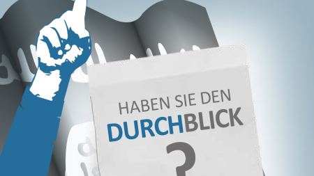 Post-it mit Frage "Haben Sie den Durchblick?", erhobener Zeigefinger links im Bild