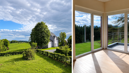Weißes Haus inmitten grüner Natur, daneben ein Bild von einem Zimmer mit großer Fensterfront mit Blick ins Grüne