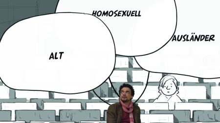 Studierender im Hörsaal, über ihm prangen die Etiketten "alt", "homosexuell" und "Ausländer"