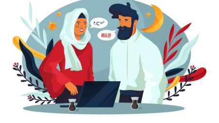 Illustration einer Frau und eines Mannes die sich miteinander auf Arabisch-Englisch unterhalten